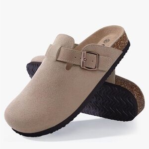 Suede clogs, slip ons with buckle and cork bottoms size 8